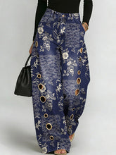 Women's Retro Floral Art Print Casual Stylish Hollow Denim Pants