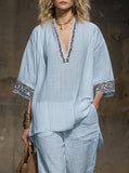 Bohemian Embroidered White Cotton And Linen Short-sleeved Shirt And Shorts Set