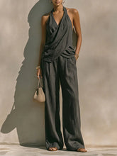 Dark Gray Textured Cotton-linen Halter Cross Draped Top & High-waist Wide-leg Pants Set