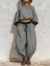 Black & White Houndstooth Balloon Sleeve Crop Top & Harem Pants Set