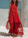 Red Textured Cotton-linen Button-front Lace Spliced Sleeveless Shirt Maxi Dress