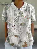 Tranquil Woodland And Animal Pattern Printed Women's Casual Cotton And Linen Shirt