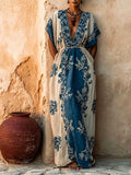Women's Casual Loose Cotton-linen Dress With V-neck Short Sleeves And Placement Print