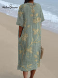 Women's Vintage Lovely Floral Art Print Casual Pocket Linen Dress(Convertible Dress With Front And Back Option)