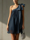 Dark Denim Blue One-Shoulder Bow Chiffon Overlay Mini Dress