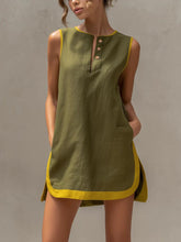 Olive Green & Lemon Yellow Trim Half-button Cotton-linen Sleeveless Straight Mini Dress