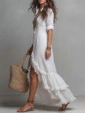 Women's Simple Ruffle-decorated Cotton And Linen Shirt Dress