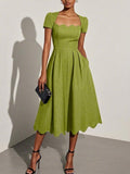 Women's Solid-color Petal-collar Short-sleeve Casual Loose Cotton-linen Dress
