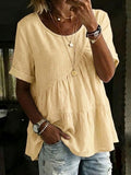 Women's Round Neck Cotton Linen Solid Color Loose Short-sleeved Shirt – Side Tether