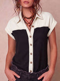 Women's Short-sleeve Casual Loose Top With Shirt Collar And Denim Splicing