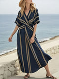 Women's Striped Print V-neck Short-sleeve Casual Loose Cotton-linen Dress