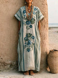 Women's Casual Loose Cotton-linen Dress With V-neck Short Sleeves And Placement Print