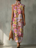 Elegant Colorful Floral Decorative Pattern Women's No Sleeve Bud Collar Linen Cotton Dress