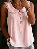 Women's Solid-color Sleeveless Shirt — Turn-down Collar, Lace Trim, Button-front