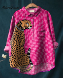 Cute Check Cheetah Print Cotton and Linen Long Sleeve Shirt