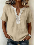 Casual Short-sleeve Top With Lace-trimmed Collar (linen & Cotton)