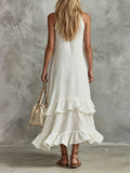 Women's Solid-color Stand-collar Sleeveless Loose-fit Cotton-linen Casual Dress
