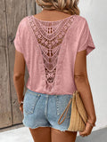 Women's Solid-color Round-neck Short-sleeve Top — Casual Loose-fit With Lace Splicing