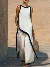 Color-blocked Trim Artistic Cut Cotton-linen Two-piece Set