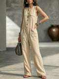 Women's Crew Neck Sleeveless Multi-pocket Jumpsuit