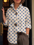 Women's Polka Dot Print Cotton Shirt — Lapel Collar Long Sleeve Casual Loose Fit