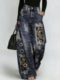 Distressed Leopard Print, Frayed-edge Patchwork, Metal Eyelet, Wide-leg Jeans