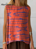 Vintage Style Sardine Fish Pattern Printed Women's Casual Cotton And Linen Tank Top