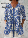 Women'sVintage Floral Art Print Casual Linen V-neck Shirt