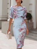 Women's Short-sleeve Boat-neck Pencil Dress With Placed Print — Casual Slim Fit