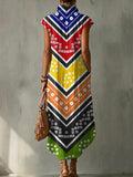 Colorful Exotic Totem Decorative Patterns Women's No Sleeve Bud Collar Linen Cotton Dress