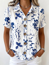 Casual Blue Floral-print Cotton-linen Shirt