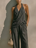 Dark Gray Textured Cotton-linen Halter Cross Draped Top & High-waist Wide-leg Pants Set