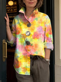 Women's Abstract Watercolor Floral Print Cotton Shirt — Turn-down Collar, Long Sleeves, Relaxed Fit