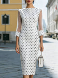 Women's Polka Dot Print Round Neck 3/4-sleeve Casual Slim-fit Pencil Dress