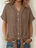 Women's Solid-Color Cotton-Linen Casual Short-Sleeve Button-Down Shirt with Ruffled Trim