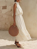 Women's off-white halter neck ruffled vacation-style long dress