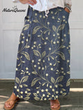 Women's Retro Floral Art Linen Elastic waistband Pocket Skirt