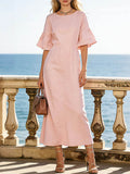 Women's Solid-color Round-neck Short-sleeve Casual Loose Cotton-linen Dress
