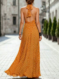 Retro Polka-dot Halter-neck Deep V-neck Pleated Maxi Dress