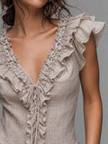 Light Beige Textured Cotton-linen V-neck Ruffle Lace-up Waist Flutter Sleeve Top