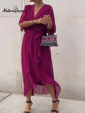 Women's Solid Color V-Neck Batwing Sleeve Casual Tie-up Ruffled Flowing Chiffon Dress