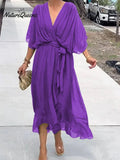 Women's Solid Color V-Neck Batwing Sleeve Casual Tie-up Ruffled Flowing Chiffon Dress