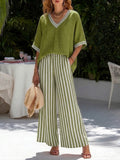 Casual Two-piece Set: Striped Linen & Cotton Patchwork Top And Striped Trousers— Look Put Together in 5 Seconds