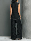 Black Textured Cotton-linen White Piping Sleeveless Blazer Vest & High-waist Wide-leg Pants Set
