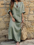 Ladies cotton and linen yarn-dyed striped loose dress