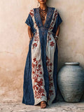 Women's Casual Loose Cotton-linen Dress With V-neck Short Sleeves And Placement Print