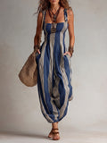 Women's Square-Neck Sleeveless Loose-Fit Casual Jumpsuit — Plaid Print Cotton-Linen Strappy Romper