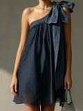 Dark Denim Blue One-Shoulder Bow Chiffon Overlay Mini Dress