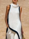 Artistic Cut Trim Elegant Linen Cotton Two-piece Set