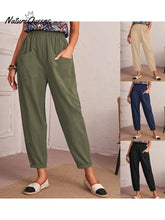 Cotton and Linen Elastic Waist Pocket Tapered Pants